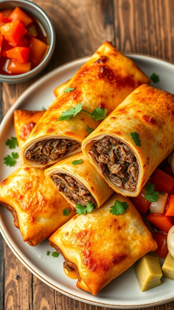 Crispy air fryer steak chimichangas on a plate, garnished with cilantro, served with salsa and guacamole.